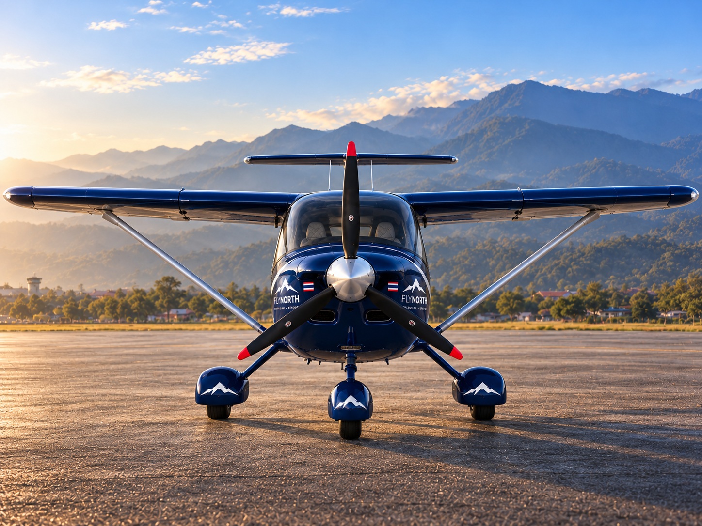 ภาพแนวคิด Allegro 2000 FlyNorth Blue มุมหน้าตรง เห็นปีกเต็มและล้อสามล้อ