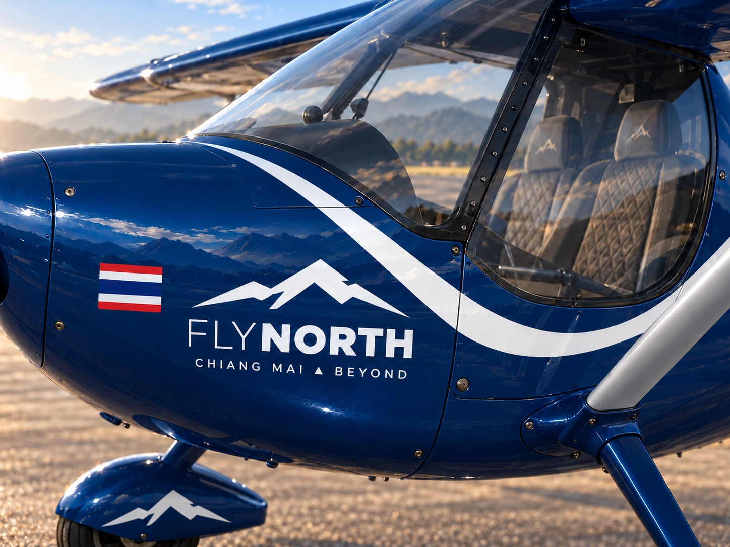 ภาพแนวคิดลำตัวสี FlyNorth Blue เข้ม โลโก้ FLYNORTH สีขาวและลายภูเขา