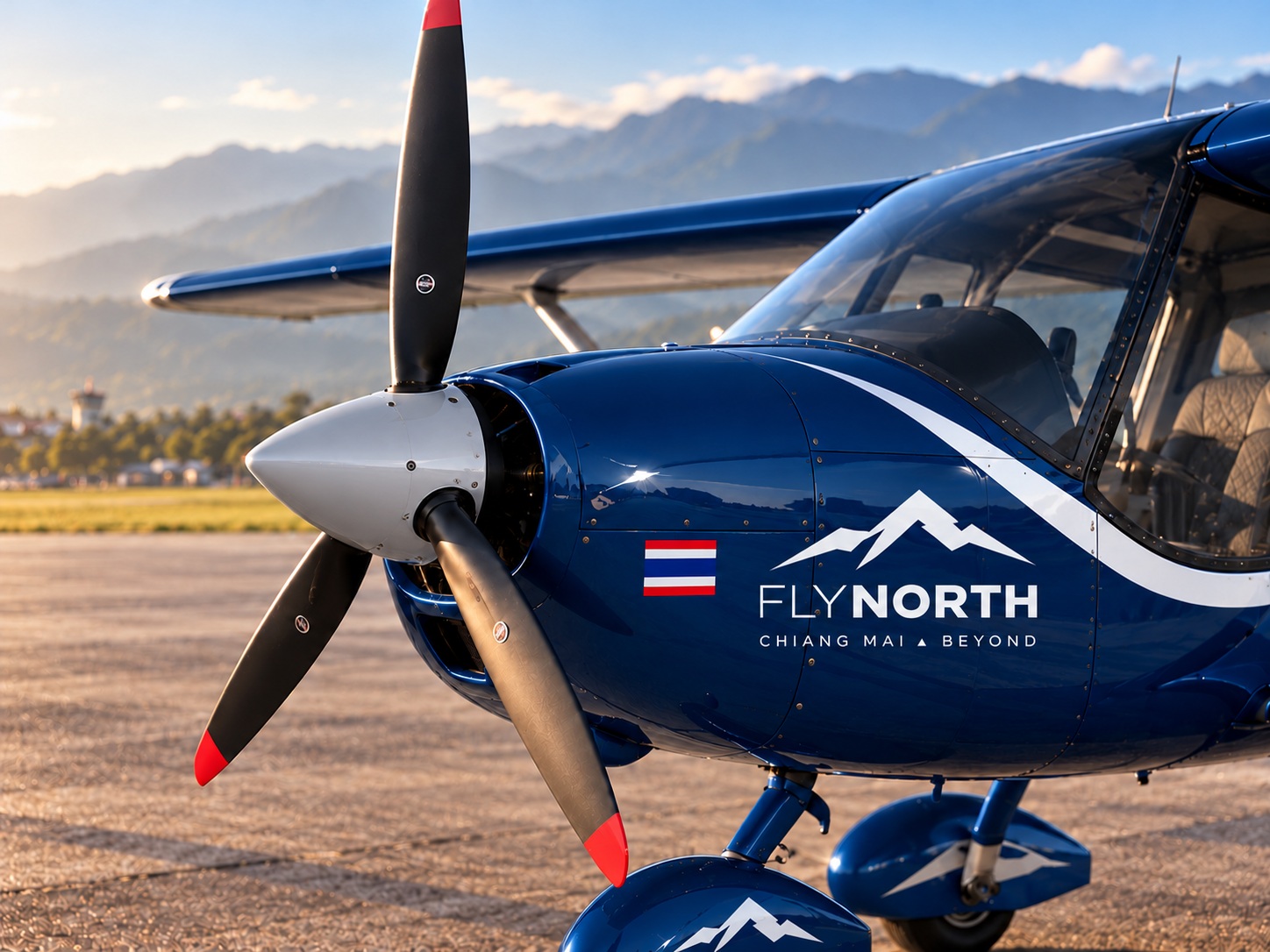 ภาพแนวคิดจมูกเครื่องสี FlyNorth Blue เข้ม ธงไทยและใบพัด