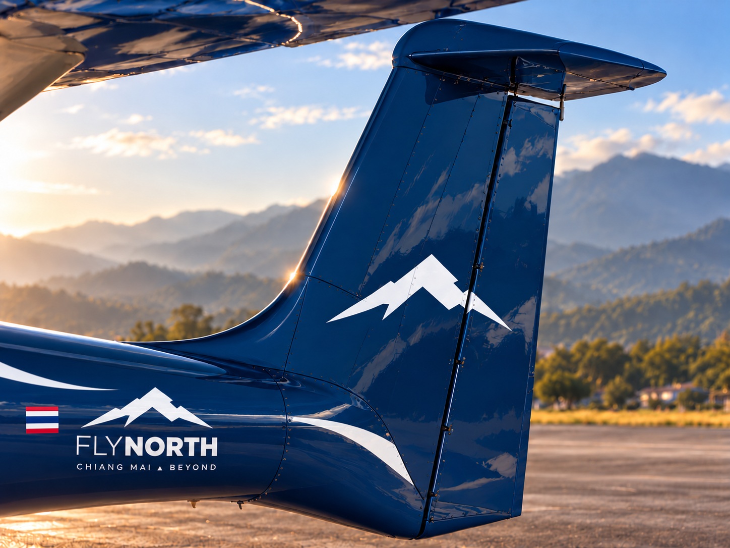 ภาพแนวคิดหางสี FlyNorth Blue เข้ม ลายภูเขาสีขาวและ T-tail