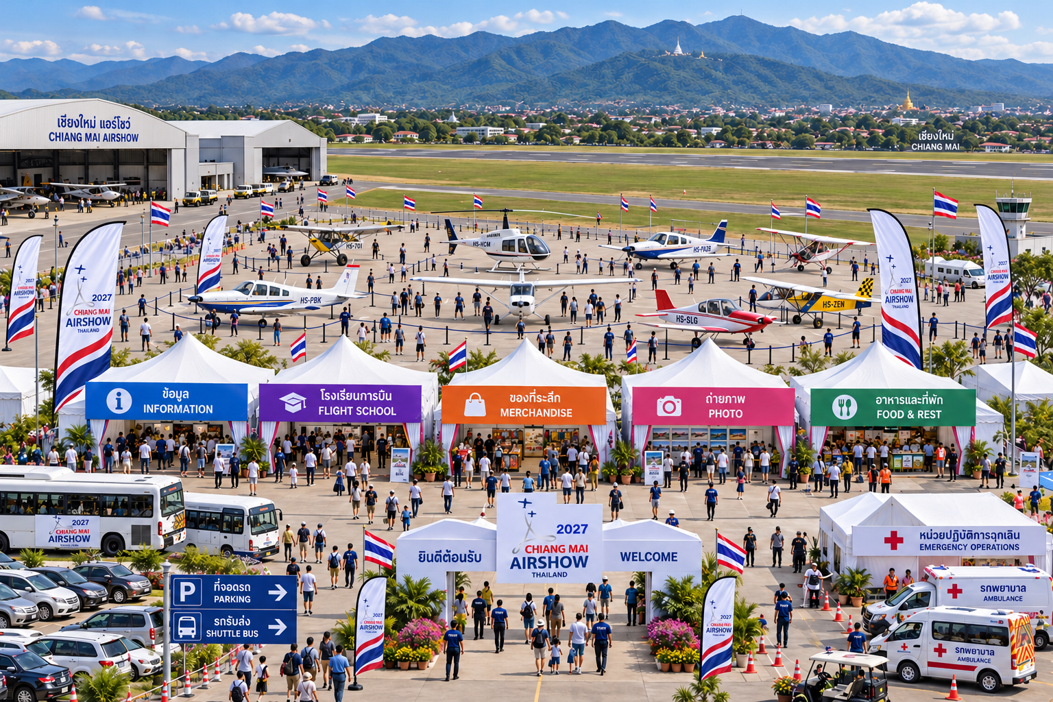 ภาพมุมสูงแนวคิดงาน Airshow เห็นลานเครื่องบิน เต็นท์กิจกรรม ทางเดิน และพื้นที่บริการ